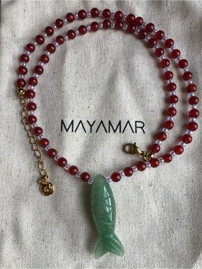 Mayamar Red Beaded Necklace with Green Fish Pendant NWOT